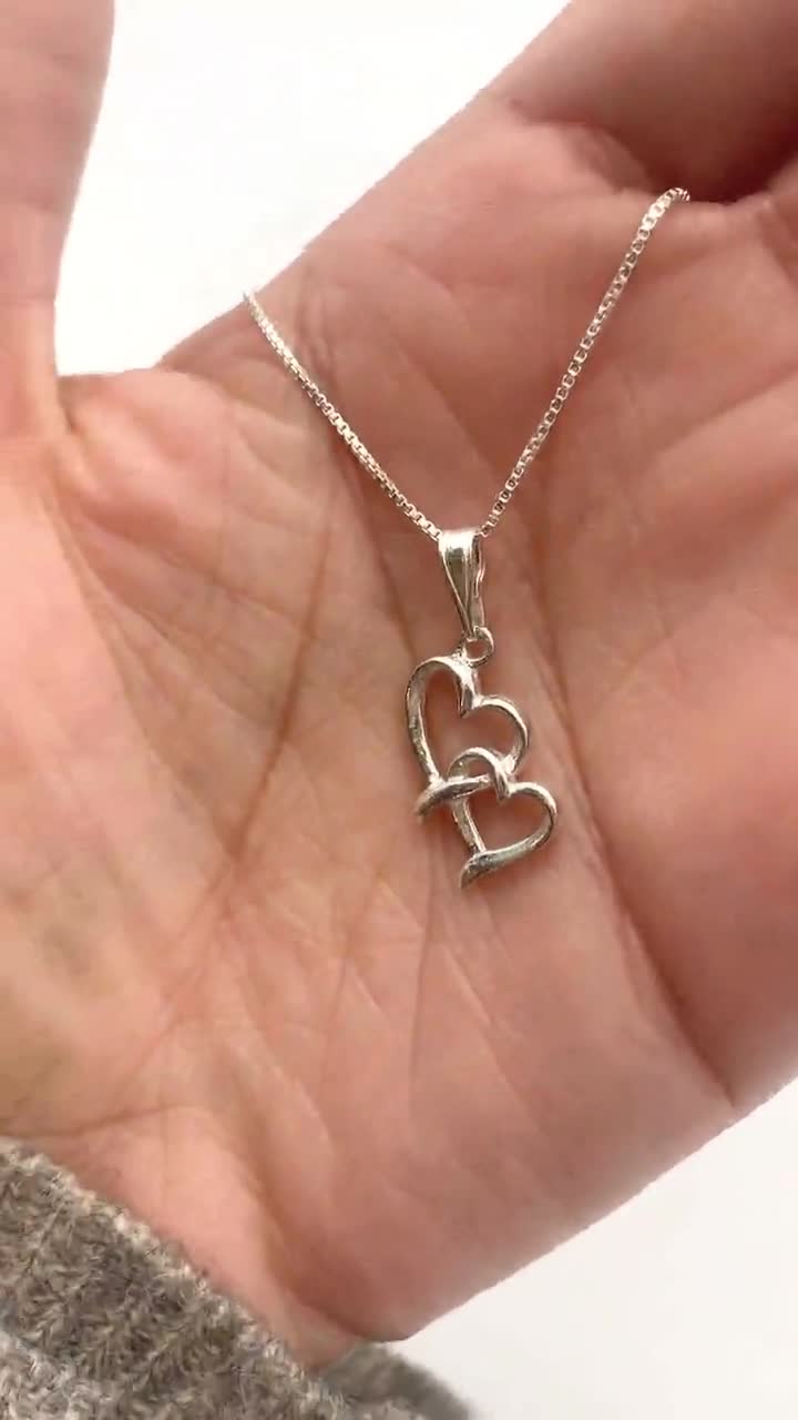 Twin Hearts Pendant, Silver Hearts Necklace, Interlocked Hearts